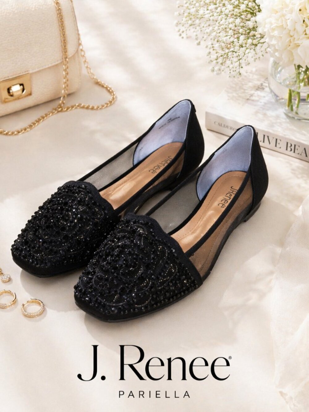 J. Renee Pariella Black Beaded Flats Size 8 Sheer Square Toe Slip On